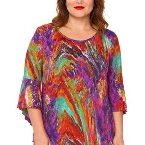 New Directions Multicolor Women’s Top with Wide 3/4 Flutter Sleeves Size Medium